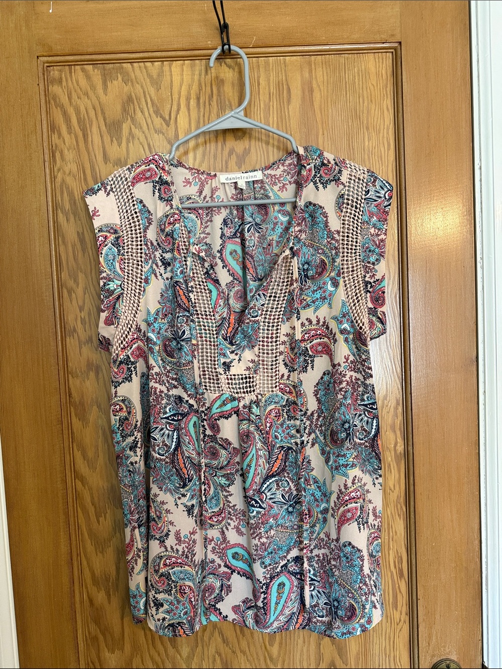 Daniel Rainn Beige Paisley V-Neck Short Sleeve Blouse with Teal and Pink Accents